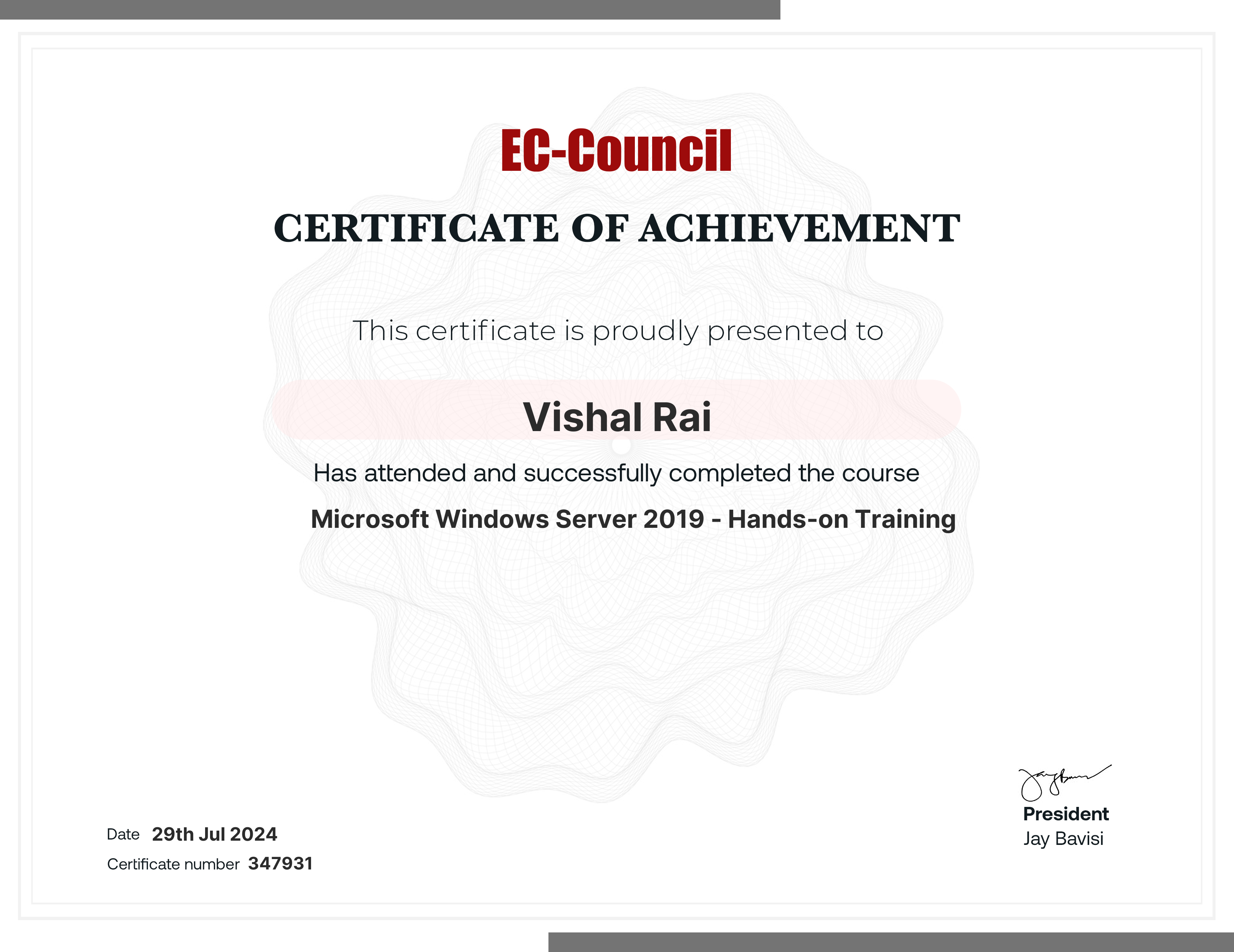 codered, Continuous Learning. Validation of Course Completion. This certificate is presented to Vishal Rai for successfully completing Microsoft Windows Server 2019 - Hands-on Training. Certificate Number 347931. Duration 5.7 Hours. Issued on July 29, 2024. Important note: This certificate only verifies course completion of the subject matter and is not a certification.