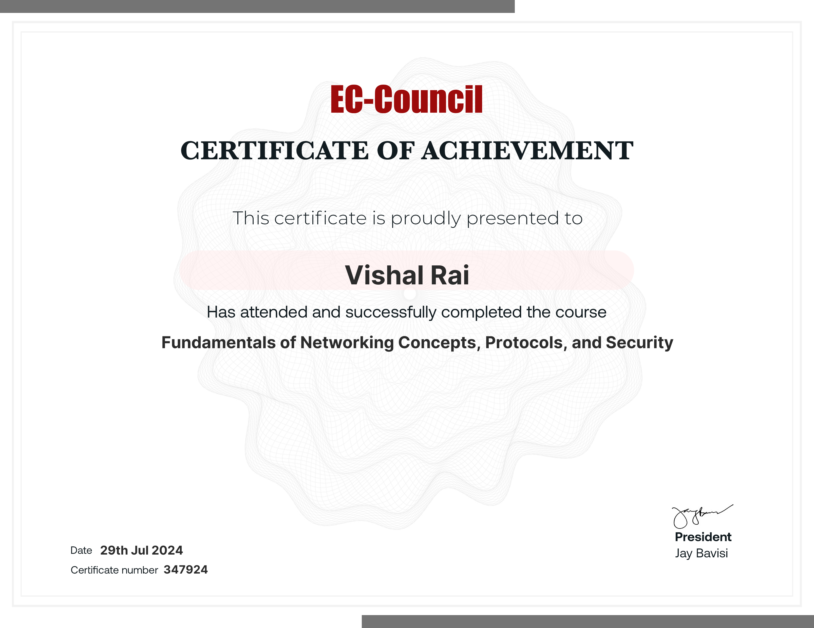 codered, Continuous Learning. Validation of Course Completion. This certificate is presented to Vishal Rai for successfully completing Fundamentals of Networking Concepts, Protocols, and Security. Certificate Number 347924. Duration 4 Hours. Issued on July 29, 2024. Important note: This certificate only verifies course completion of the subject matter and is not a certification.