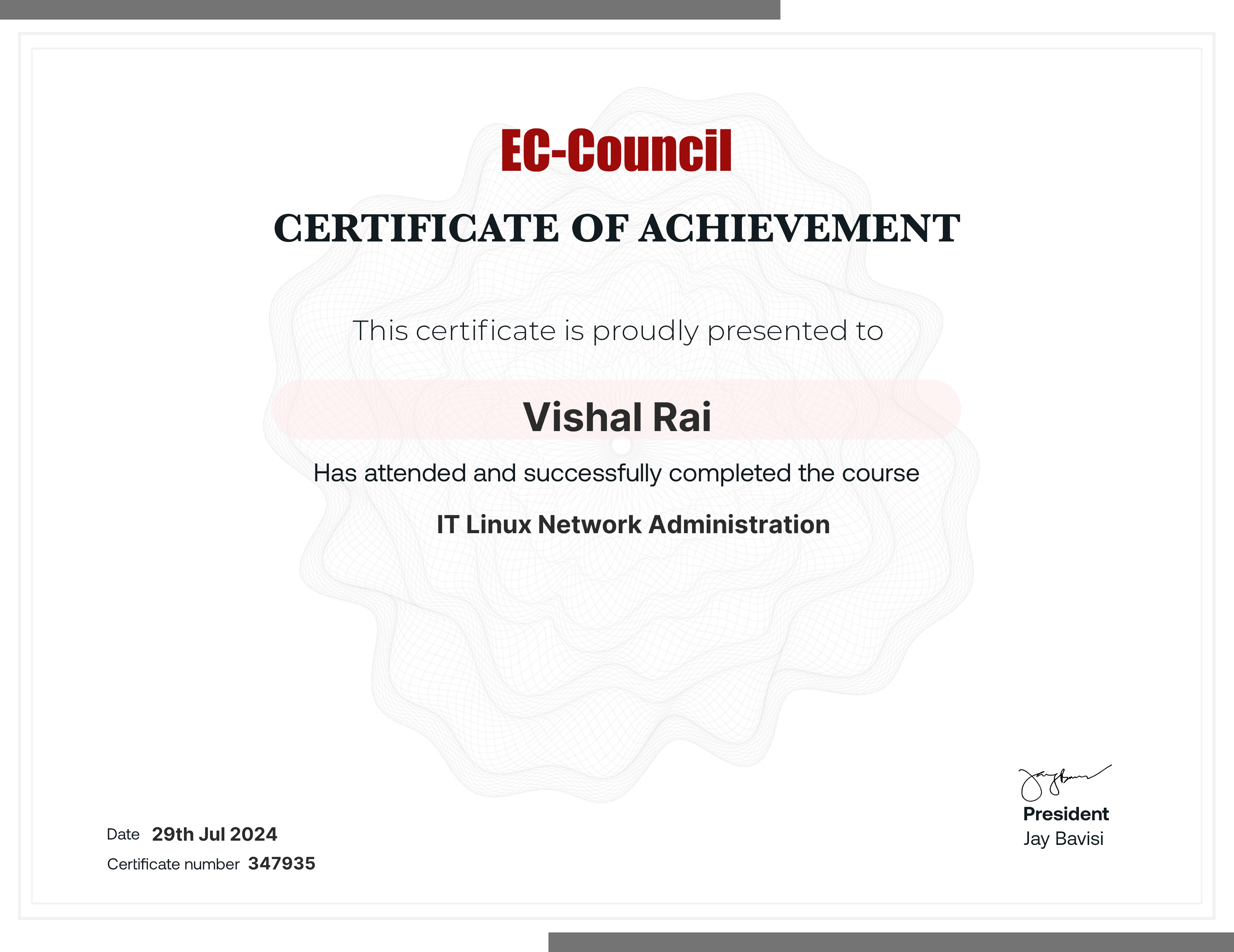 codered, Continuous Learning. Validation of Course Completion. This certificate is presented to Vishal Rai for successfully completing IT Linux Network Administration. Certificate Number 347935. Duration 3.2 Hours. Issued on July 29, 2024. Important note: This certificate only verifies course completion of the subject matter and is not a certification.