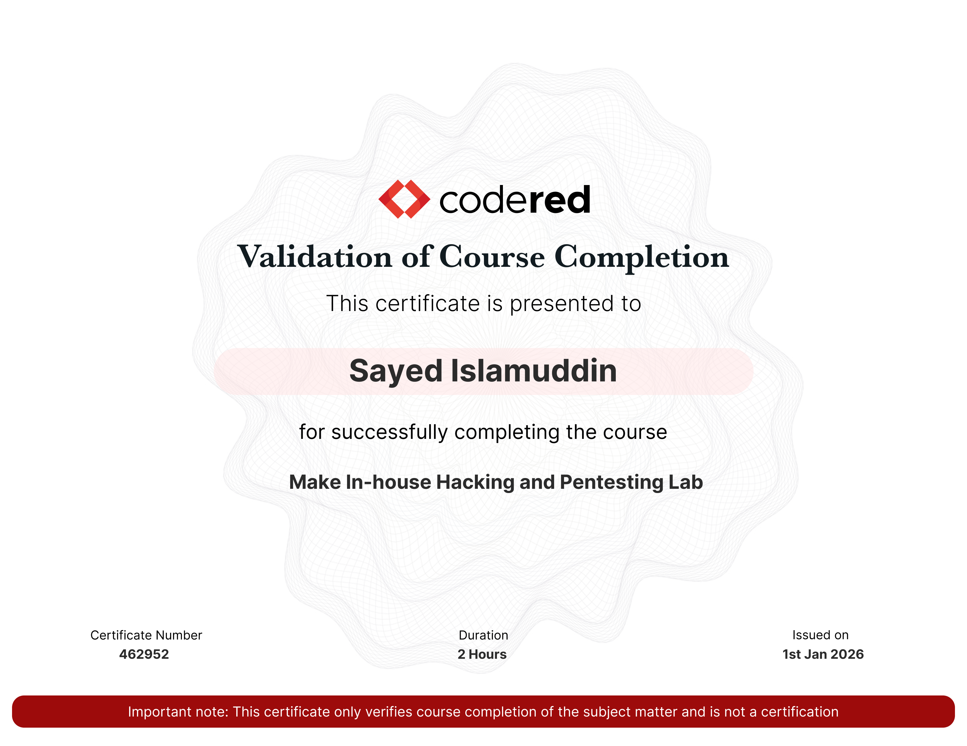 codered, Continuous Learning. Validation of Course Completion. This certificate is presented to Sayed Islamuddin for successfully completing Make In-house Hacking and Pentesting Lab. Certificate Number 462952. Duration 1.5 Hours. Issued on January 01, 2026. Important note: This certificate only verifies course completion of the subject matter and is not a certification.