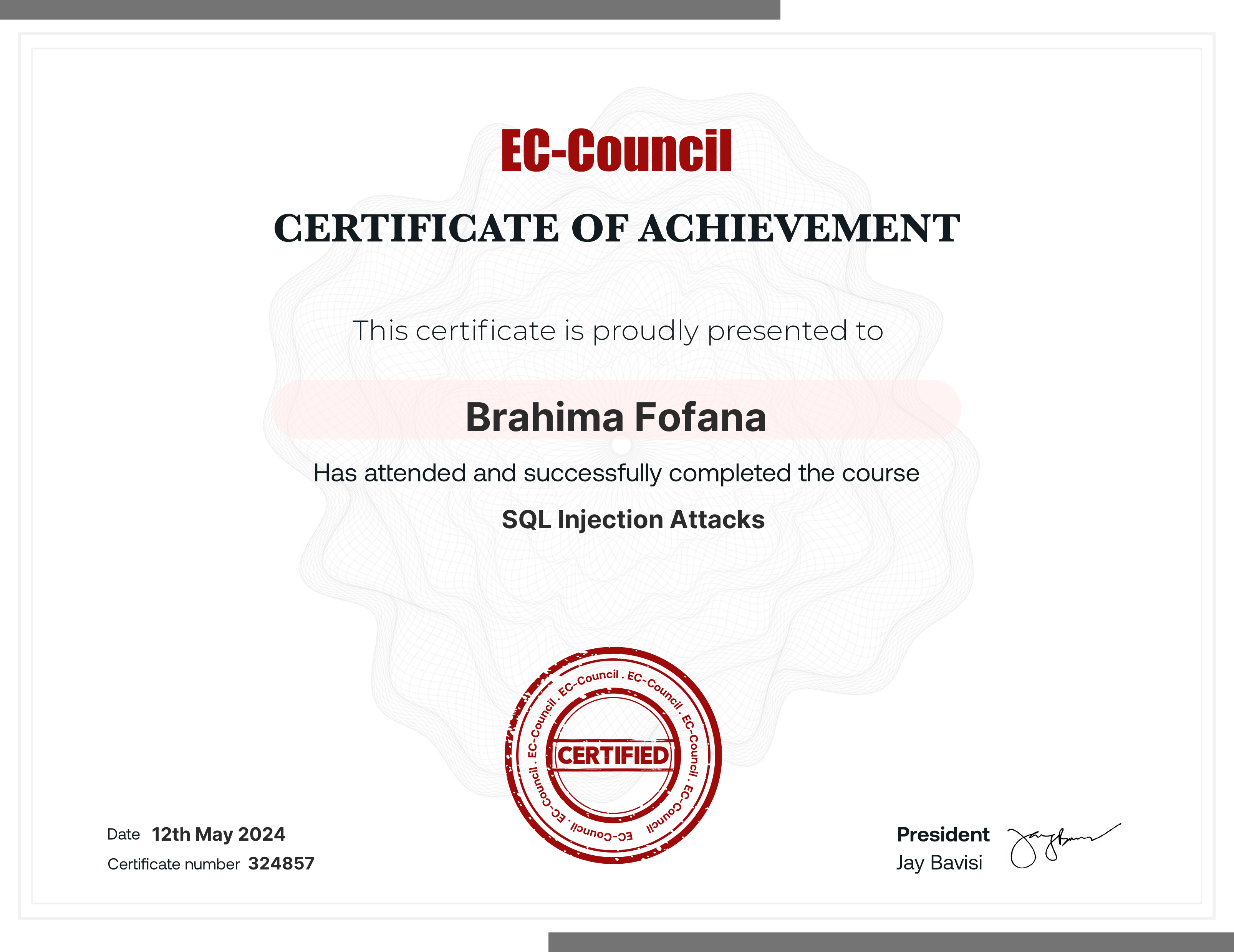 codered, Continuous Learning. Validation of Course Completion. This certificate is presented to Brahima Fofana for successfully completing SQL Injection Attacks. Certificate Number 324857. Duration 1 Hours. Issued on May 12, 2024. Important note: This certificate only verifies course completion of the subject matter and is not a certification.