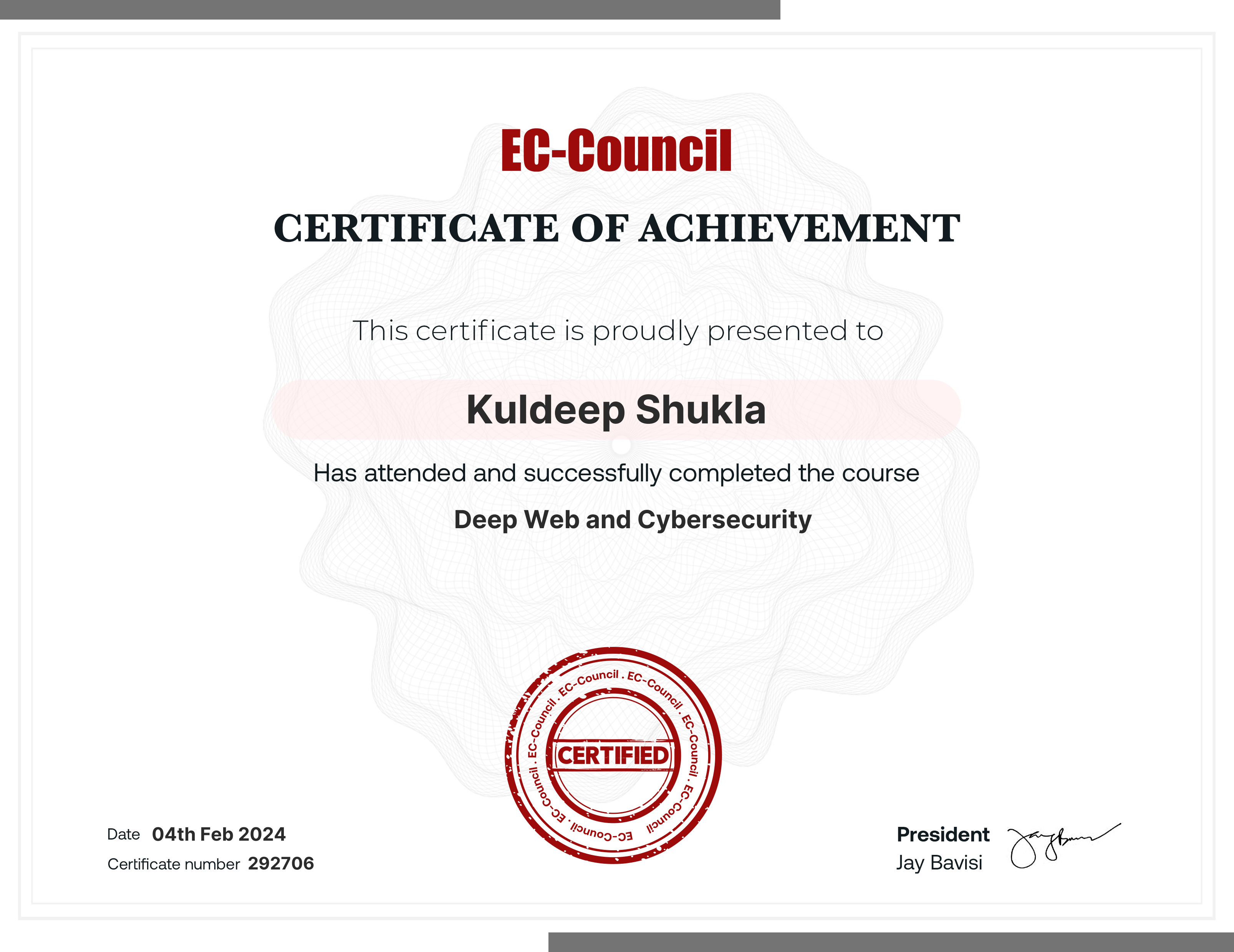 codered, Continuous Learning. Validation of Course Completion. This certificate is presented to Kuldeep Shukla for successfully completing Deep Web and Cybersecurity. Certificate Number 292706. Duration 4 Hours. Issued on February 04, 2024. Important note: This certificate only verifies course completion of the subject matter and is not a certification.
