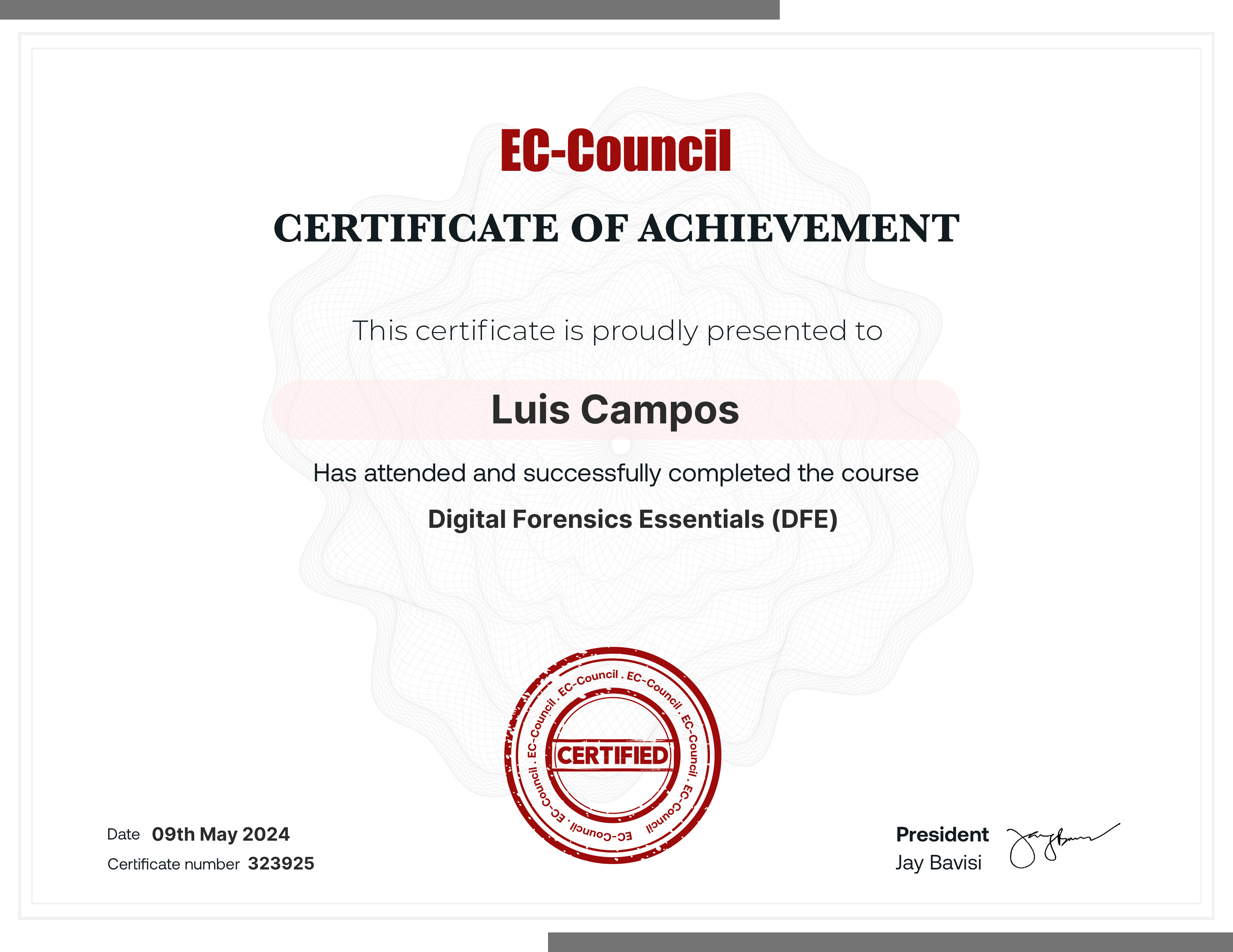 codered, Continuous Learning. Validation of Course Completion. This certificate is presented to Luis Campos for successfully completing Digital Forensics Essentials (DFE). Certificate Number 323925. Duration 11.3 Hours. Issued on May 09, 2024. Important note: This certificate only verifies course completion of the subject matter and is not a certification.