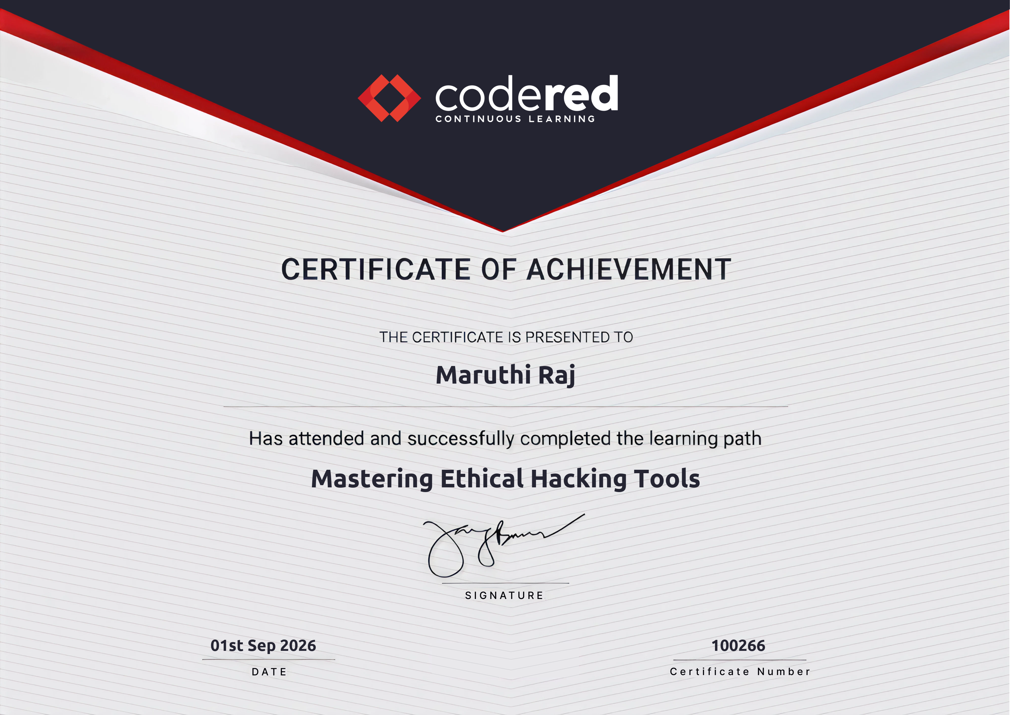 codered, Continuous Learning. This certificate is presented to Maruthi Raj for successfully completing Mastering Ethical Hacking Tools. Certificate Number 100266. Duration 0 Hours. Issued on ---.