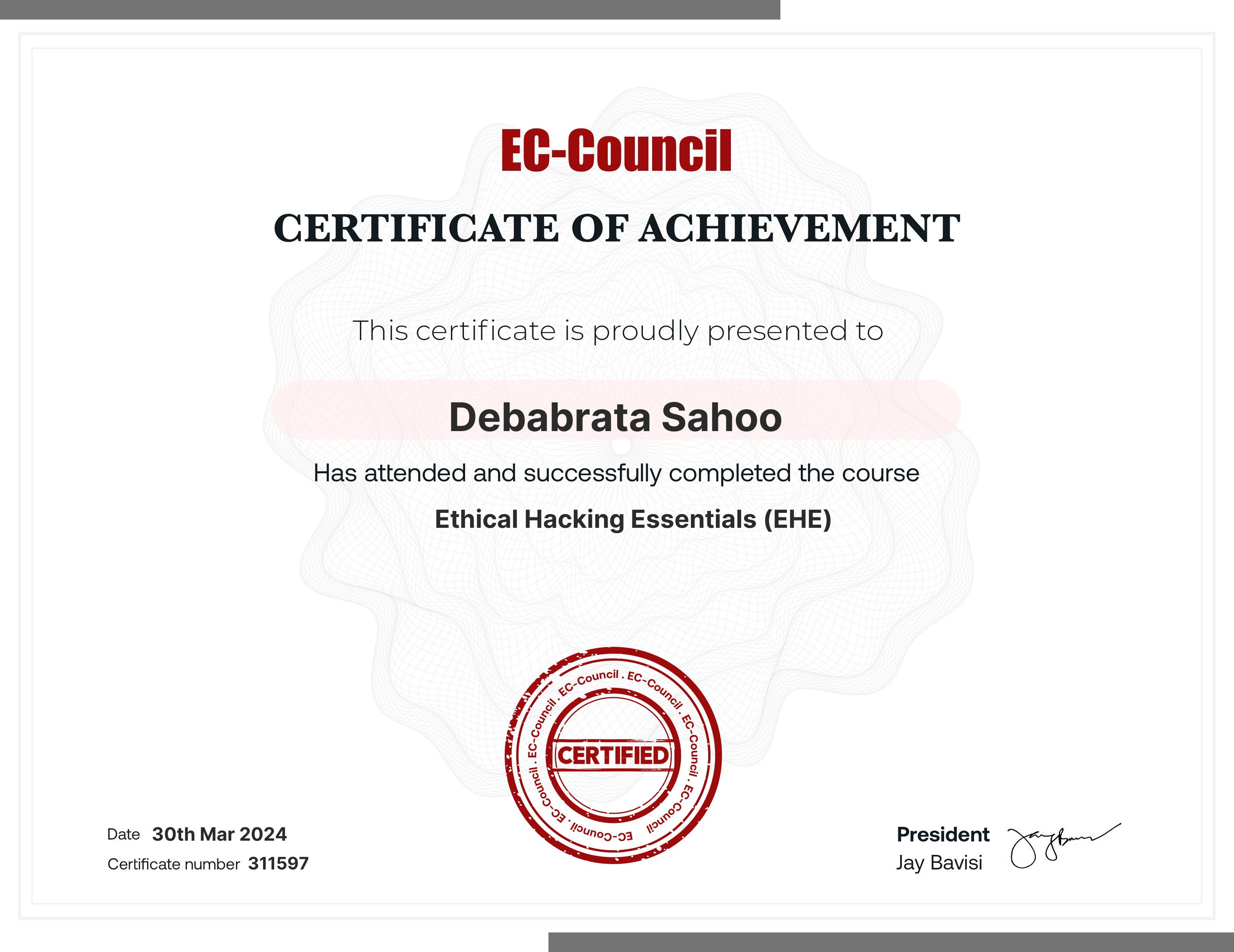 codered, Continuous Learning. Validation of Course Completion. This certificate is presented to Debabrata Sahoo for successfully completing Ethical Hacking Essentials (EHE). Certificate Number 311597. Duration 15.1 Hours. Issued on March 30, 2024. Important note: This certificate only verifies course completion of the subject matter and is not a certification.