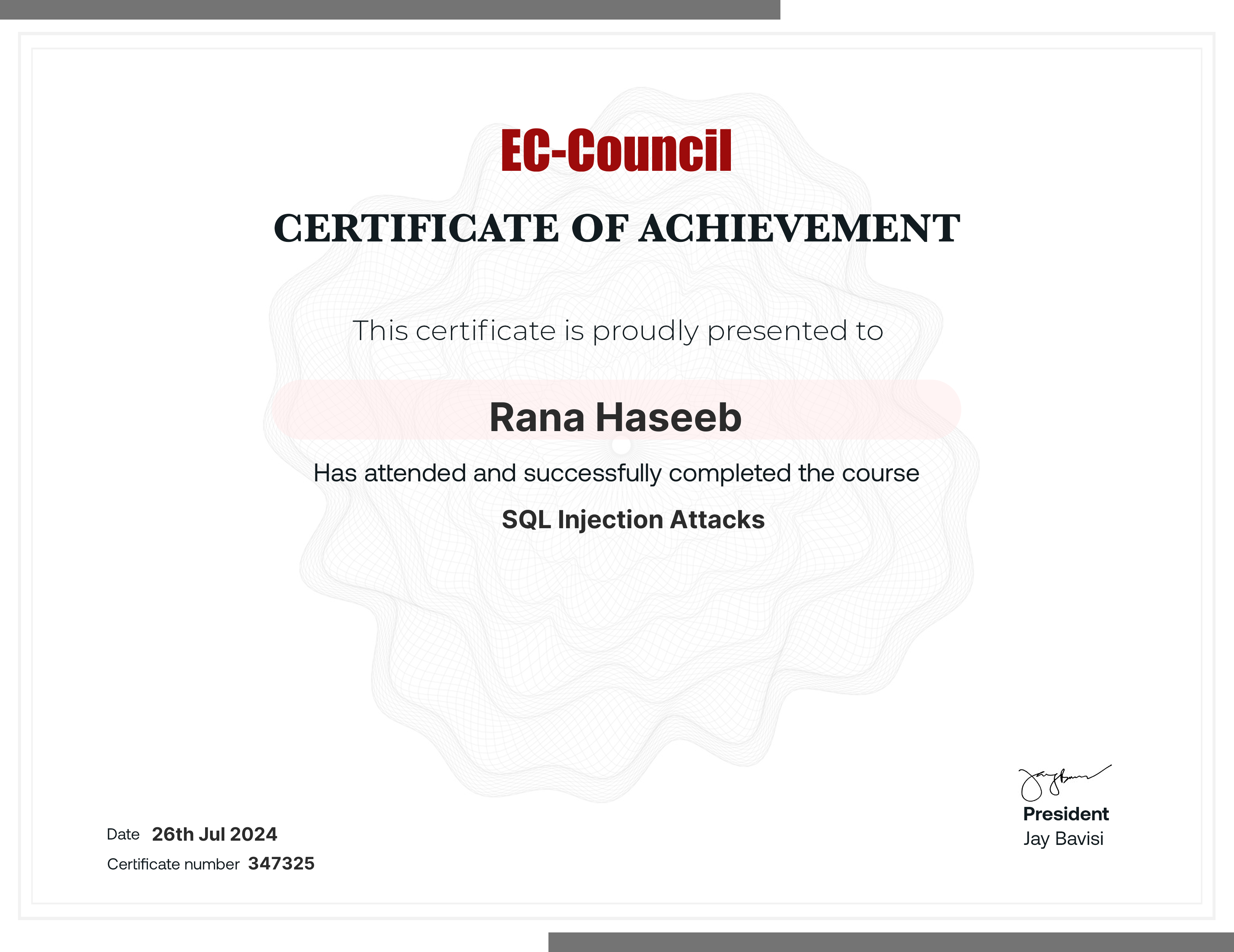 codered, Continuous Learning. Validation of Course Completion. This certificate is presented to Rana Haseeb for successfully completing SQL Injection Attacks. Certificate Number 347325. Duration 1 Hours. Issued on July 26, 2024. Important note: This certificate only verifies course completion of the subject matter and is not a certification.