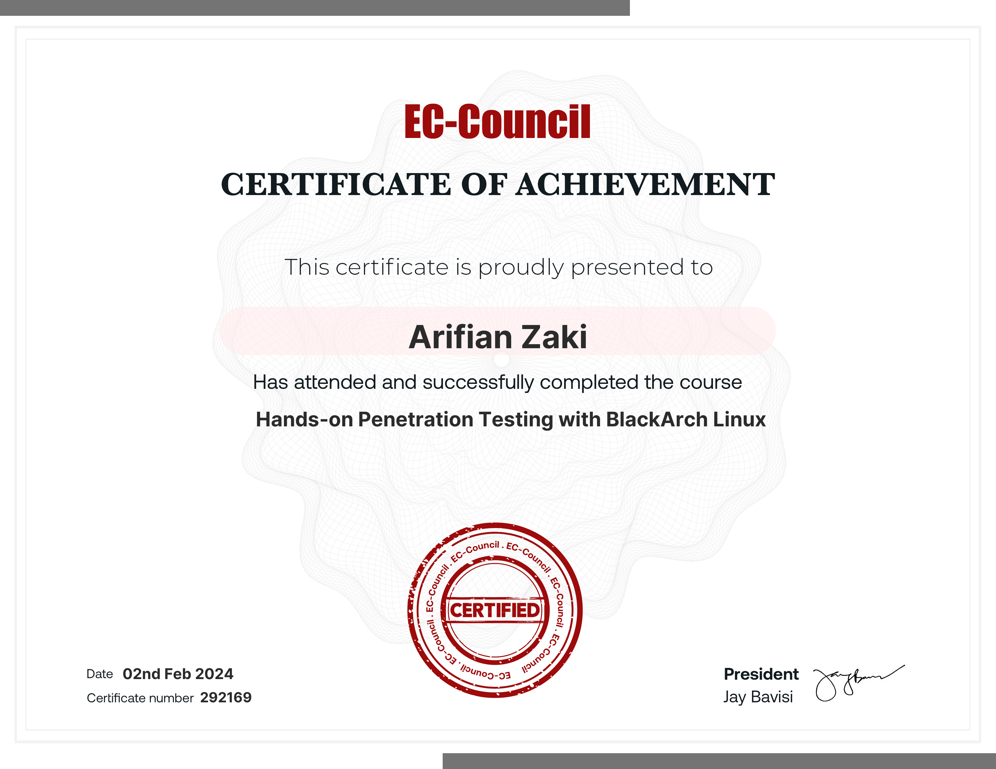 codered, Continuous Learning. Validation of Course Completion. This certificate is presented to Arifian Zaki for successfully completing Hands-on Penetration Testing with BlackArch Linux. Certificate Number 292169. Duration 3.7 Hours. Issued on February 02, 2024. Important note: This certificate only verifies course completion of the subject matter and is not a certification.
